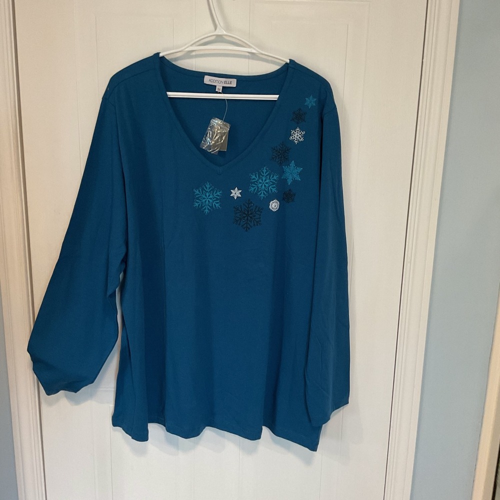 Addition Elle Top Womens 3X Blue New Snowflake Embroidered V-Neck Long Sleeve